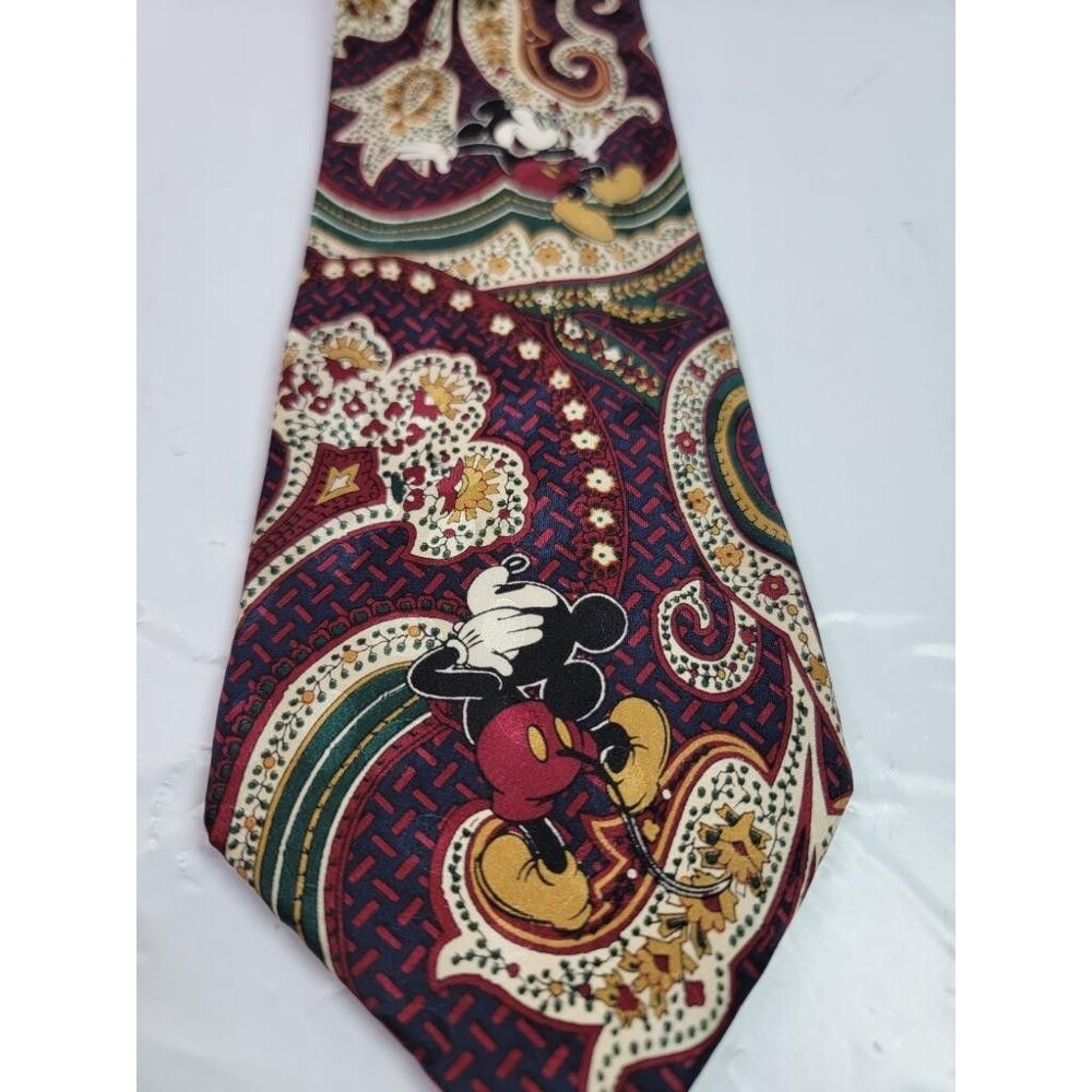 Disney Mickey Mouse Mens Silk Tie Vintage Paisley Burgundy Red Green Gold